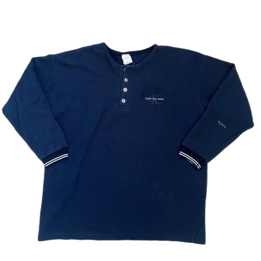VINTAGE 90’s Calvin Klein navy blue button-up henley shirt with white detail